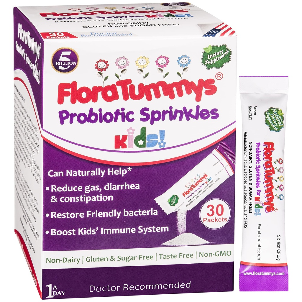 FloraTummys Probiotics for Kids: 30 Πακέτα σκόνης χωρίς γεύση, Χωρίς αλλεργιογόνα τροφίμων, Μη-Dairy, Χωρίς γλουτένη, Χωρίς ζάχαρη, Μη-GMO, Vegan