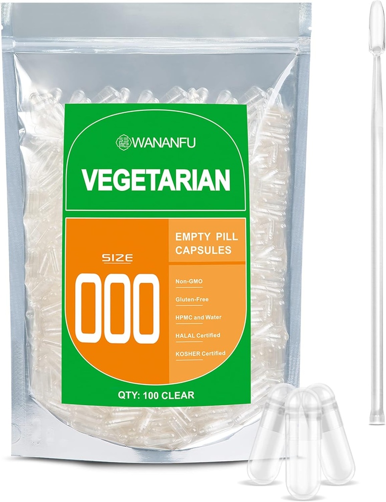 WANANFU Size 000 Empty Capsules Vegetarian (100 Count) Bundle with Micro Lab Spoon, Clear Fillable Veggie Pill Capsules 000 for Making Your Own Supplements