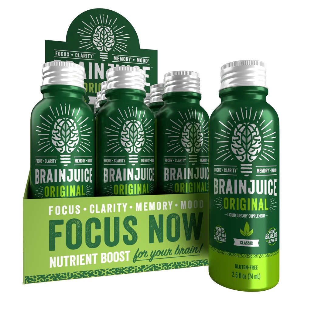 BrainJuice Focus & Energy Drink Shots, Nootropics με Alpha GPC, B Βιταμίνες & Βιολογικό Πράσινο Τσάι Caffeine, Υποστηρίζει Εστίαση, Μνήμη & Καθαρότητα, Μη ΓΤΟ, Χωρίς Γλουτένη, Κλασικό, 2.5 fl oz, 12 Pack