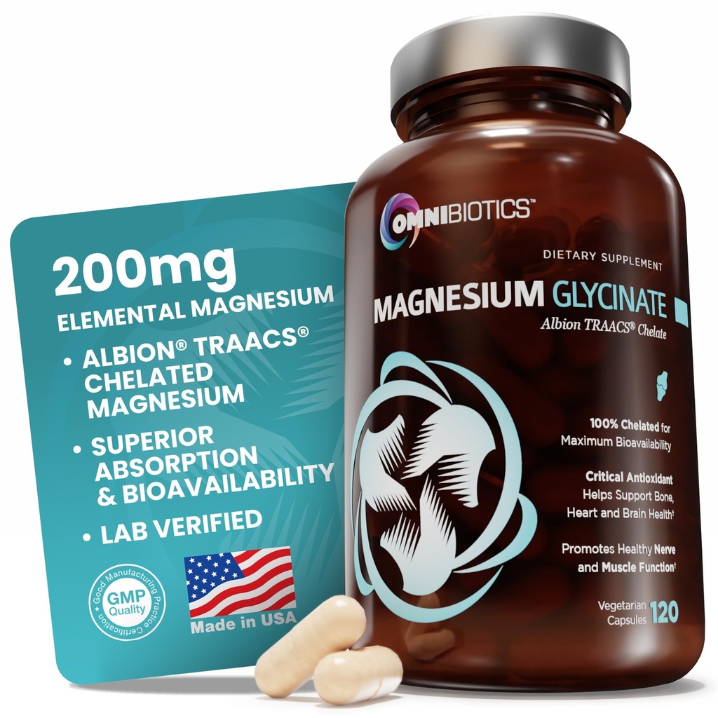 OmniBiotics Συμπλήρωμα Γλυκαντικού Μαγνησίου – με 100% καθαρό Άλβιο TRAACS Διγλυκινικό Χηλικό Χηλικό για τον ύπνο, τους μύες, τα νεύρα και την καρδιά Υγεία – 120 Κάψουλες Vegan