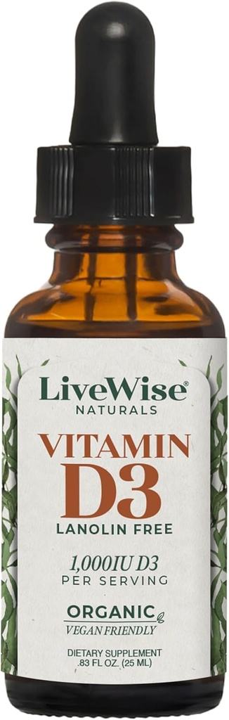 LiveWise Naturals Βιολογική Βιταμίνη D3 Υγρές σταγόνες, Vegan, μη ΓΤΟ, Φυτικών με βάση, 200 IU ανά σταγόνα, Υποστηρίζει το ανοσοποιητικό, οστά, και την υγεία Mood, Easy-to-Absorb, σε MCT Oil 1,000 IU