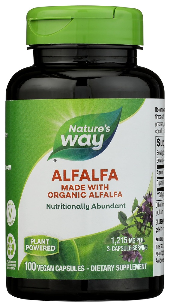 Nature's Way Alfalfa, Made With Organic Alfalfa, 1.215 mg ανά 3-κάψουλα που σερβίρουν, Alfalfa Herbal Capsule, Gluten Free, Vegan, 100 κάψουλες (Packing May Vary)