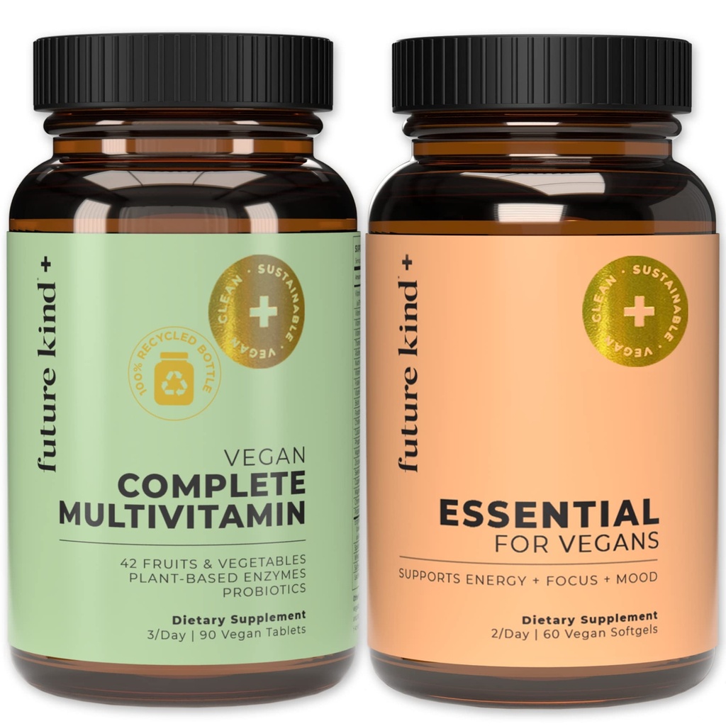 Future Kind Multivitamin Bundle - Vegan Complete Multivitamin and Vegan Essential Multivitamin - Vegan Vitamin B12, Omega 3, and Vitamin D3 - Complete Multivitamin, 42 Vitamins in 1 for Men and Women