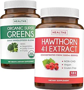 Super Greens & Hawthorn Extract (3-Month Supply) Super Berry Blend Bund του οργανικού Super Greends σκόνη - Πλήρης Superfood & Hawthorn Berry 4:1 Extract - High Strength Extract (180 Κάψουλες)