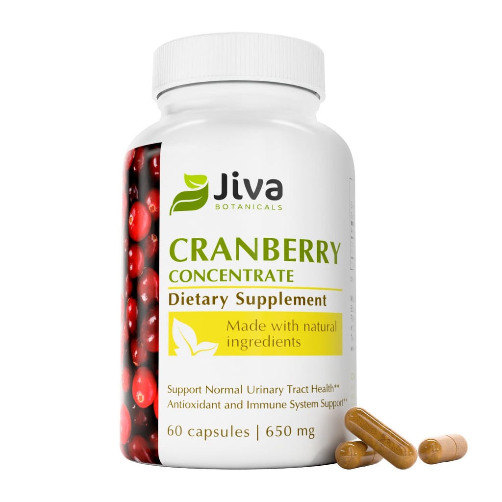 Jiva Botanicals Συμπυκνωμένο συμπλήρωμα φραγκοστάφυλου - 650 mg Cranberry Powder Extract Χάπια για γυναίκες - Υψηλή Ικανότητα για Κανονική Ουρολοίμωξη Υγεία - 60 κάψουλες (πακέτο του 1)