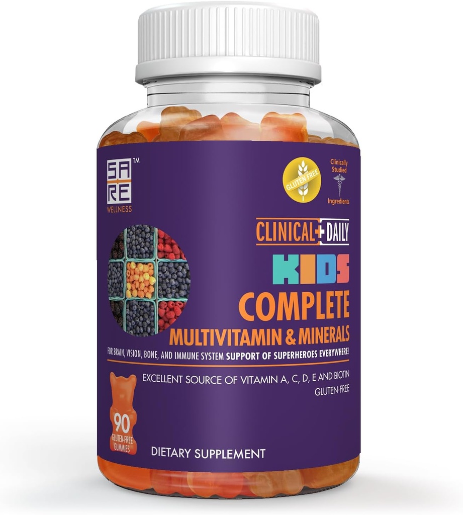 Clinical Daily Complete Kids Multivitamin Daily Gummy Συμπλήρωμα για τον εγκέφαλο, την όραση, τα οστά και την ανοσοποιητική υγεία. Βιταμίνες A, C, E,D, B6, B12, Folate, Biotin, Essential Minerals. 90 Χωρίς γλουτένη Νόστιμα Gummies