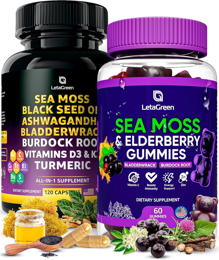 Sea Moss Capsules + Gummies Bundle, 60 Irish Sea Moss Gummies + 120 Ocean Wild SeaMoss Capsules with Vitamins and Minerals