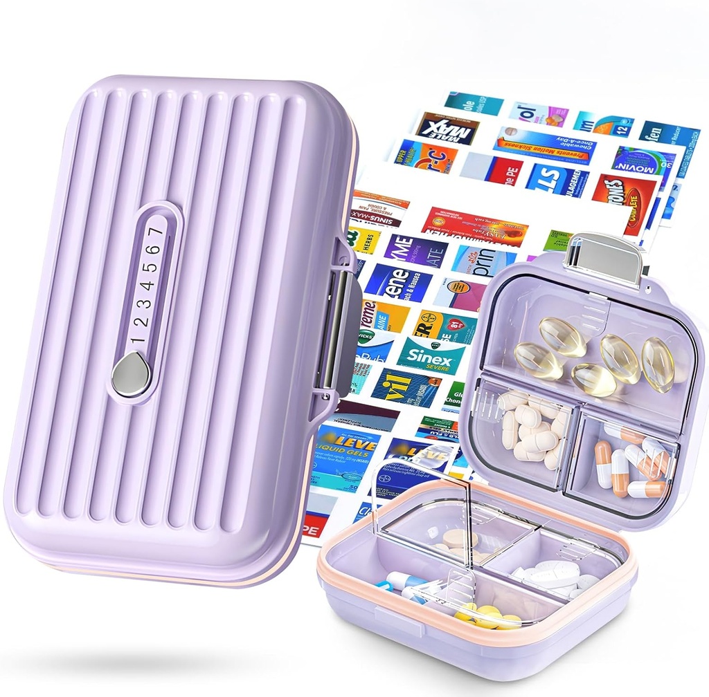 Travel Pill Organizer Box with Medicine Labels, 2Pack 7 Compartments Portable Pill Case, Daily Medication Organizer Αποθήκευση Χάπια για Pocket Pharmacy(Purple, S+L 2pack)