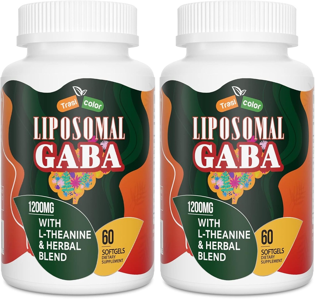 Liposomal GABA with L-Theanine Supplements 1200mg - High Absorption GABA Complex with Ashwagandha, Chamomile, Tart Cherry Herbal Supplements for Men and Women, 120 Softgels