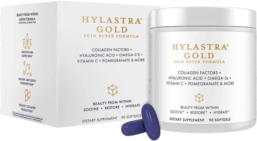Προϊόντα καθαρότητας Hylastra Gold Softgels Collagen + Hyaluronic Acid + Beauty Boosting Powerhouse Συστατικά - Αυξημένη ενυδάτωση & ελαστικότητα του δέρματος - Μειώνει τις λεπτές γραμμές & ρυτίδες - 90 Softgels