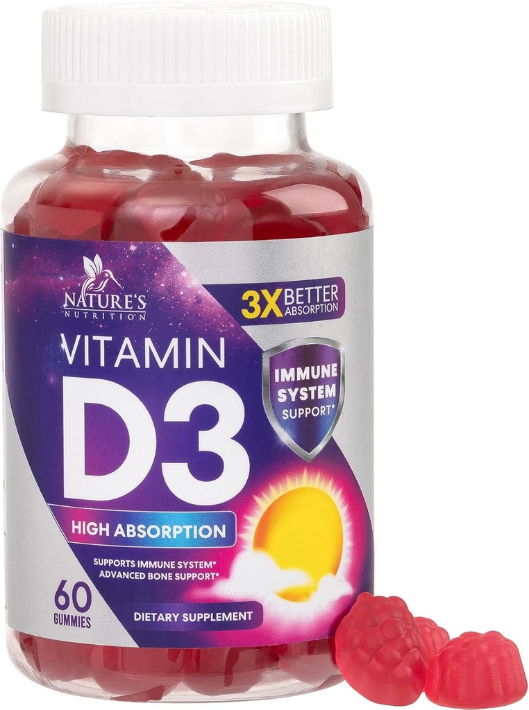 Βιταμίνη D3 Gummy 5000 IU (125 mcg) - Συμπλήρωμα διατροφής Βιταμίνες D για γυναίκες και άνδρες - Οστέινα, δόντια, μυών και ανοσοποιητική υποστήριξη υγείας, υψηλής ισχύος VIT D3 Nature's Non-GMO & Gluten Free - 60 Gummies