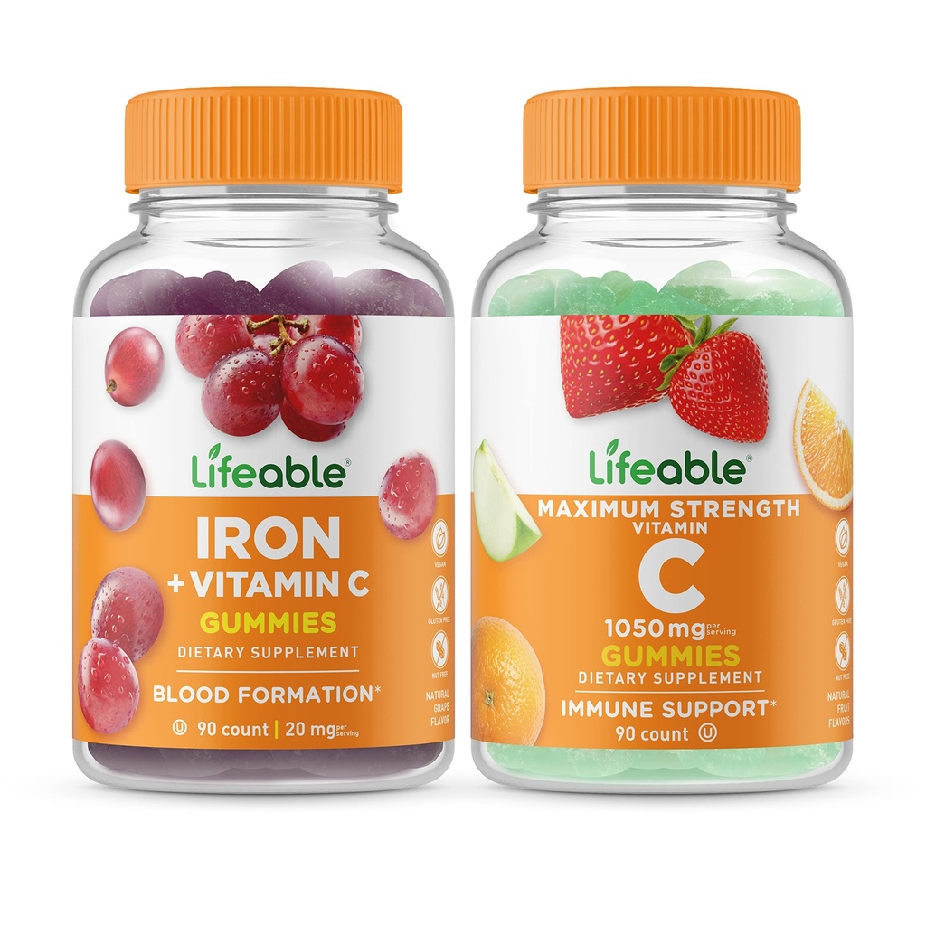 Lifeable Iron with Vitamin C + Vitamin C 1050mg, Gummies Bundle - Great Tasting, Vitamin Supplement, Gluten Free, GMO Free, Chewable Gummy