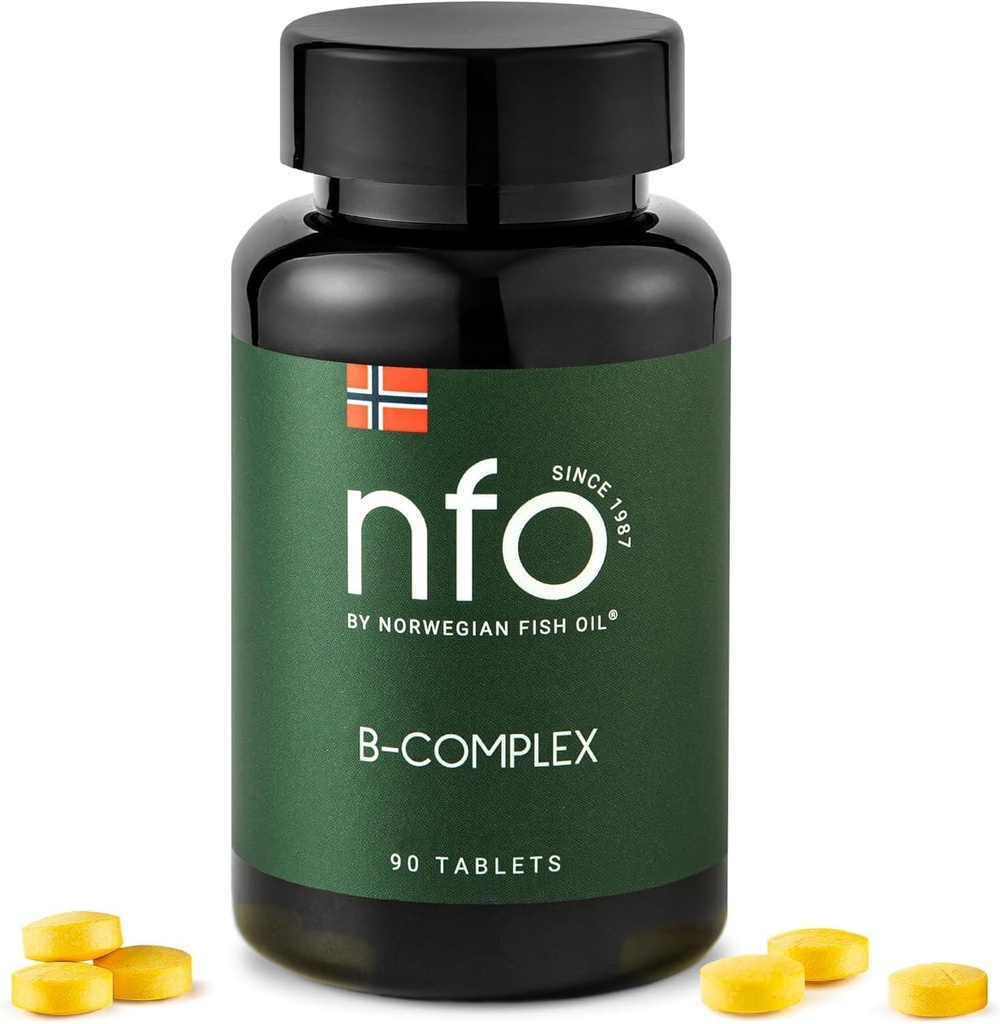 NFO Vitamin B Complex [90 Tablets] Norwegian Natural High-Dose Complex of Multivitamins of Group B in an Easily Accessable Form: B1, B2, B3, B5, B6, B9, B12 for Men and Women Made in Norway