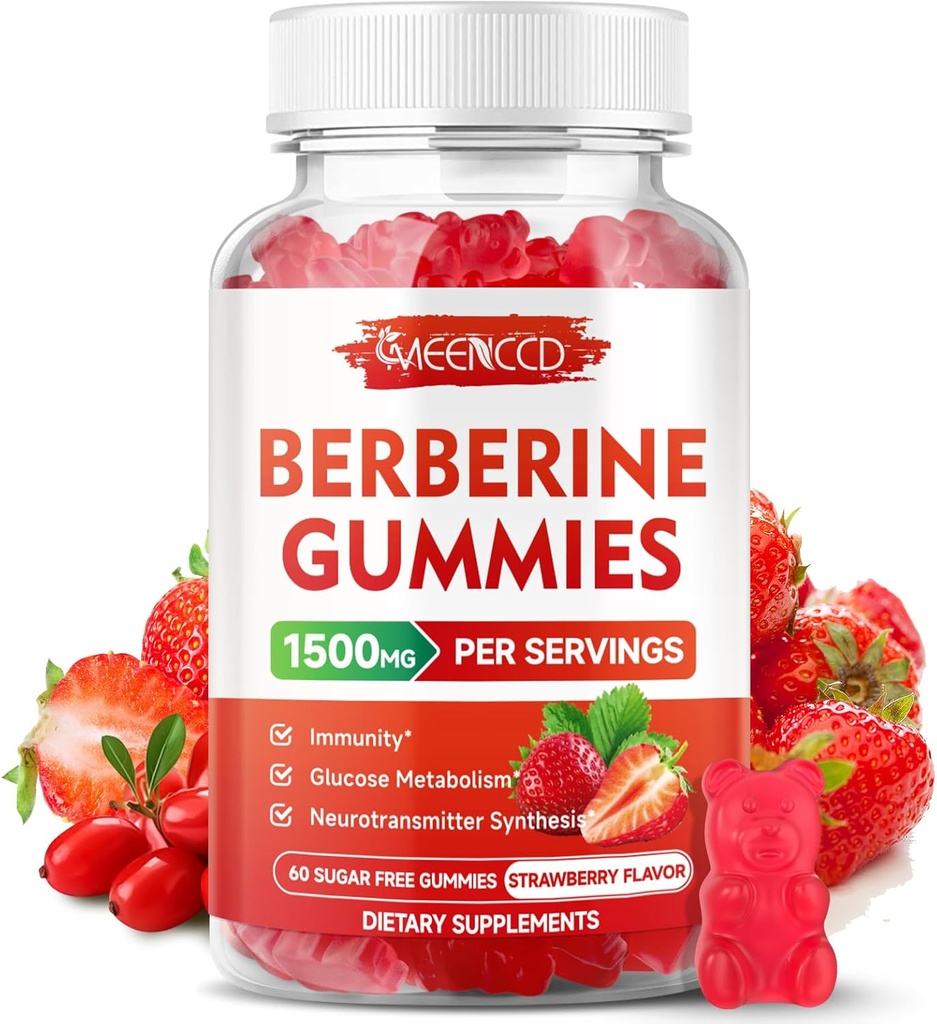 Βερβερίνη Gummies με Κεϋλάνη Κανέλα 1500mg υψηλής δραστικότητας Βερβερίνη HCL συμπλήρωμα για την υποστήριξη του ανοσοποιητικού, χωρίς ζάχαρη, Vegan, γεύση φράουλας, 60 κόμης