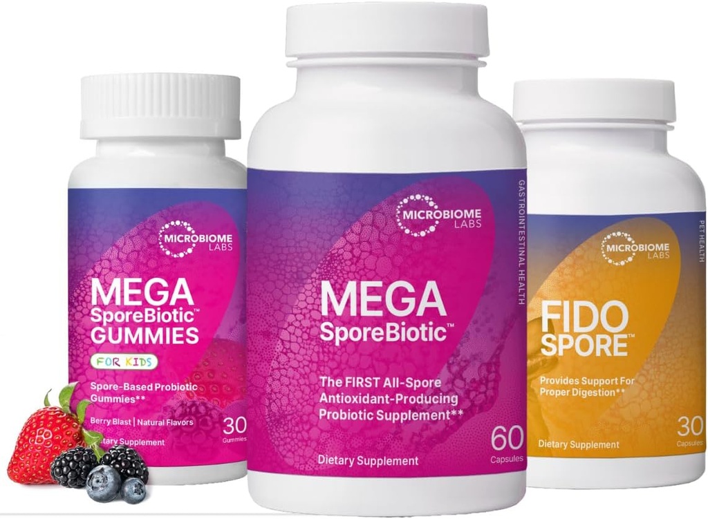 Microbiome Labs Ολόκληρη οικογένεια Probiotic Bundle - MegaSporeBiotic για ενήλικες, Probiotic Gummies για παιδιά, και FidoSpore Probiotics για σκύλους και γάτες