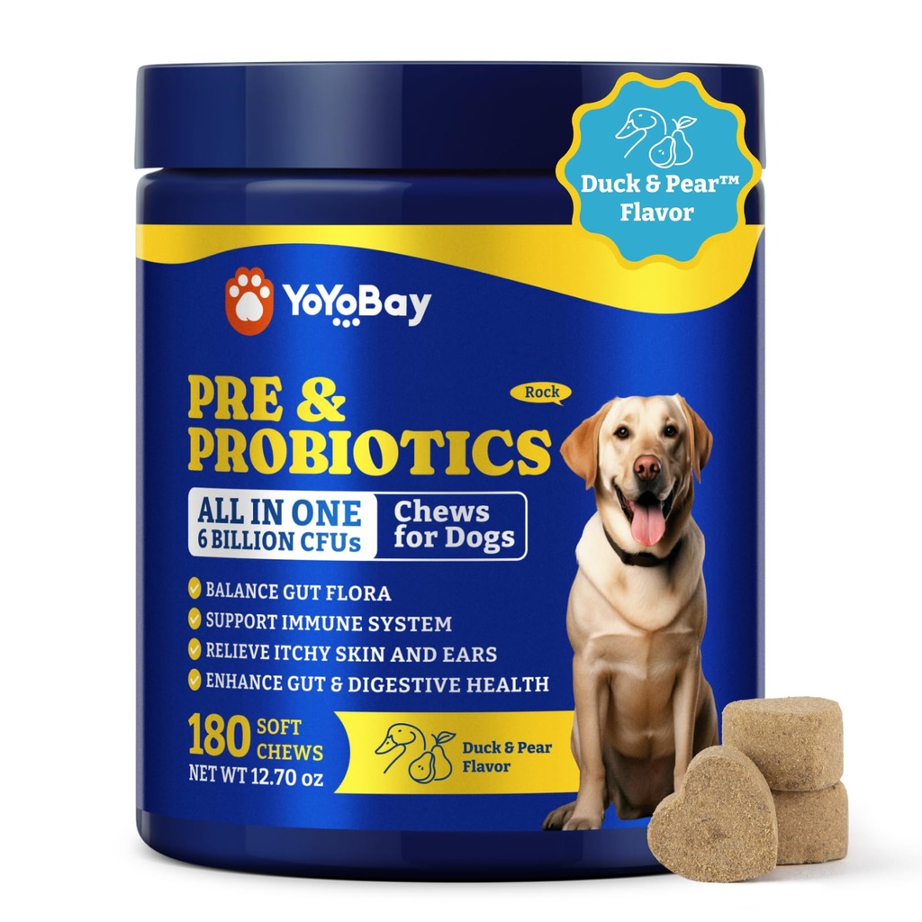 Probiotics for Dogs - Προβιοτικά σκύλου για Digestive Υγεία, Yeast, Ichy Skin, Gut Υγεία, Ανοσοποιητικό & Δέρμα - 6 Δισεκατομμύρια CFUs, 180 Μαλακές Μασούσες, Πάπιες & Pear Γεύση - με Προβιοτικά & Digestive Ένζυμα