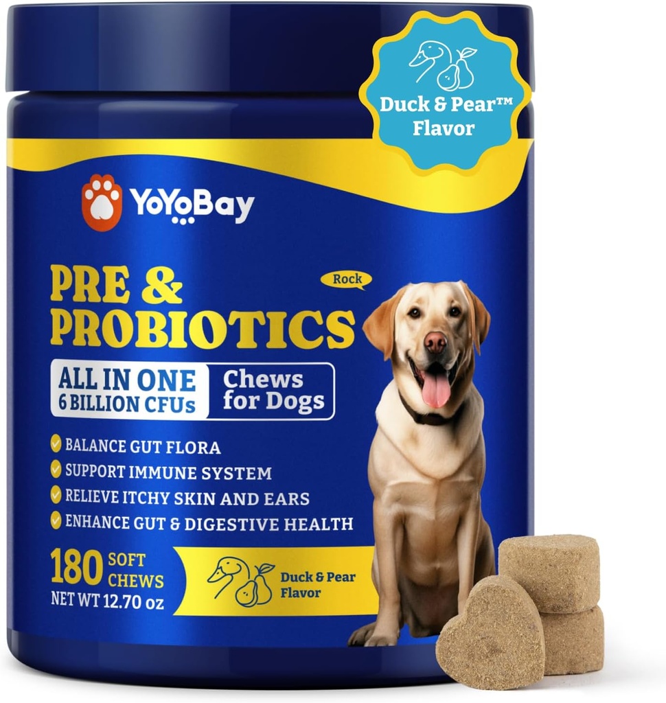 Probiotics for Dogs - Dog Probiotics for Digestive Health, Yeast, Itchy Skin, Gut Health, Immune & Skin - 6 Billion CFUs, 180 Soft Chews, Duck & Pear Flavor - with Prebiotics & Digestive Enzymes