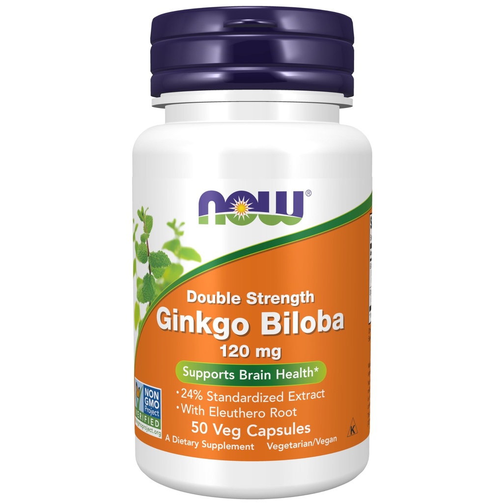 NOW Συμπληρώματα Τροφίμων, Ginkgo Biloba 120 mg, Διπλή Δύναμη, Μη ΓΤΟ Πρόγραμμα Επαληθευμένο, 50 κάψουλες Veg