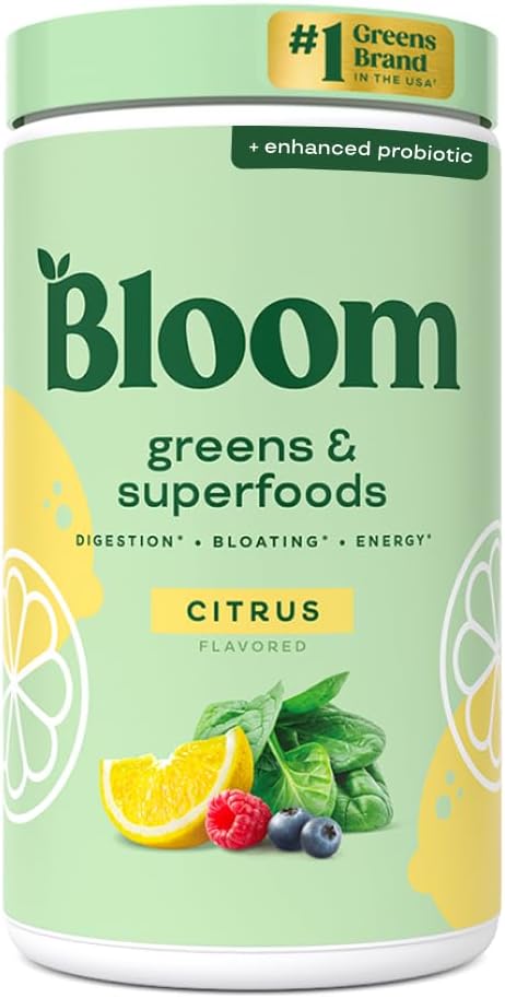 Bloom Nutrition Superfood Greens Powder, Digestive Enzymes with Probiotics and Prebiotics, Gut Health, Bloating Relief for Women, Chlorella, Green Juice Mix with Beet Root Powder, 60 SVG, Citrus