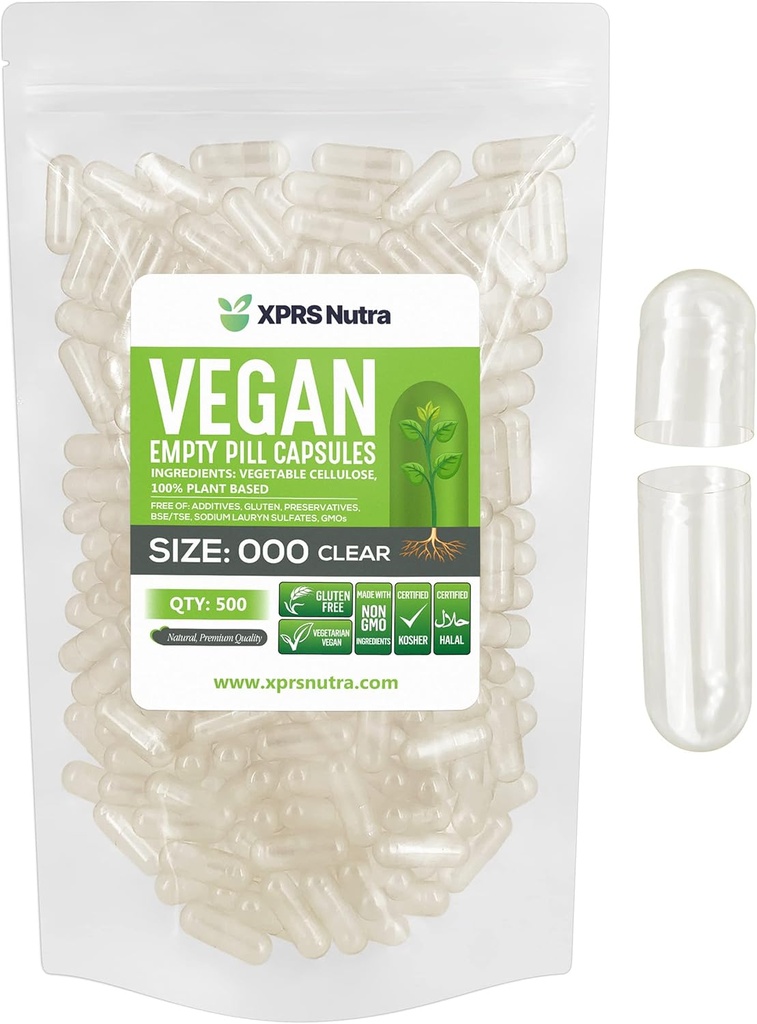 XPRS Nutra Vegan Μέγεθος 000 Κενές κάψουλες - 500 κόμης Καθαρισμός Κενά χορτοφαγικά κάψουλες - DIY Καψάκιο Γέμισμα λαχανικών - Χάπια λαχανικών