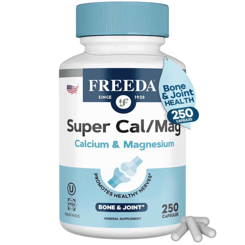 Freeda Super Cal/Mag – Kosher Vegan συμπλήρωμα υγείας των οστών – Υποστηρίζει τη δύναμη των οστών, νευρική λειτουργία & μυϊκή χαλάρωση – κάψουλες ασβεστίου χορτοφαγικών – τεστ τρίτου μέρους – 250 κάψουλες