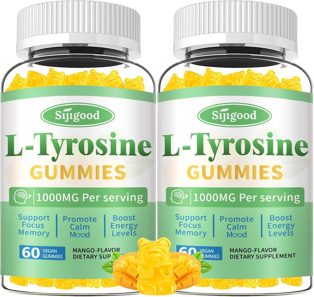 L-Tyrosine Gummies για ενήλικες και παιδιά - 1000mg L-Tyrosine συμπλήρωμα Focus Gummies για τον εγκέφαλο, Mood, την ενεργειακή υποστήριξη, Vegan & Gluten-free, Mango Γεύση, 120 Count