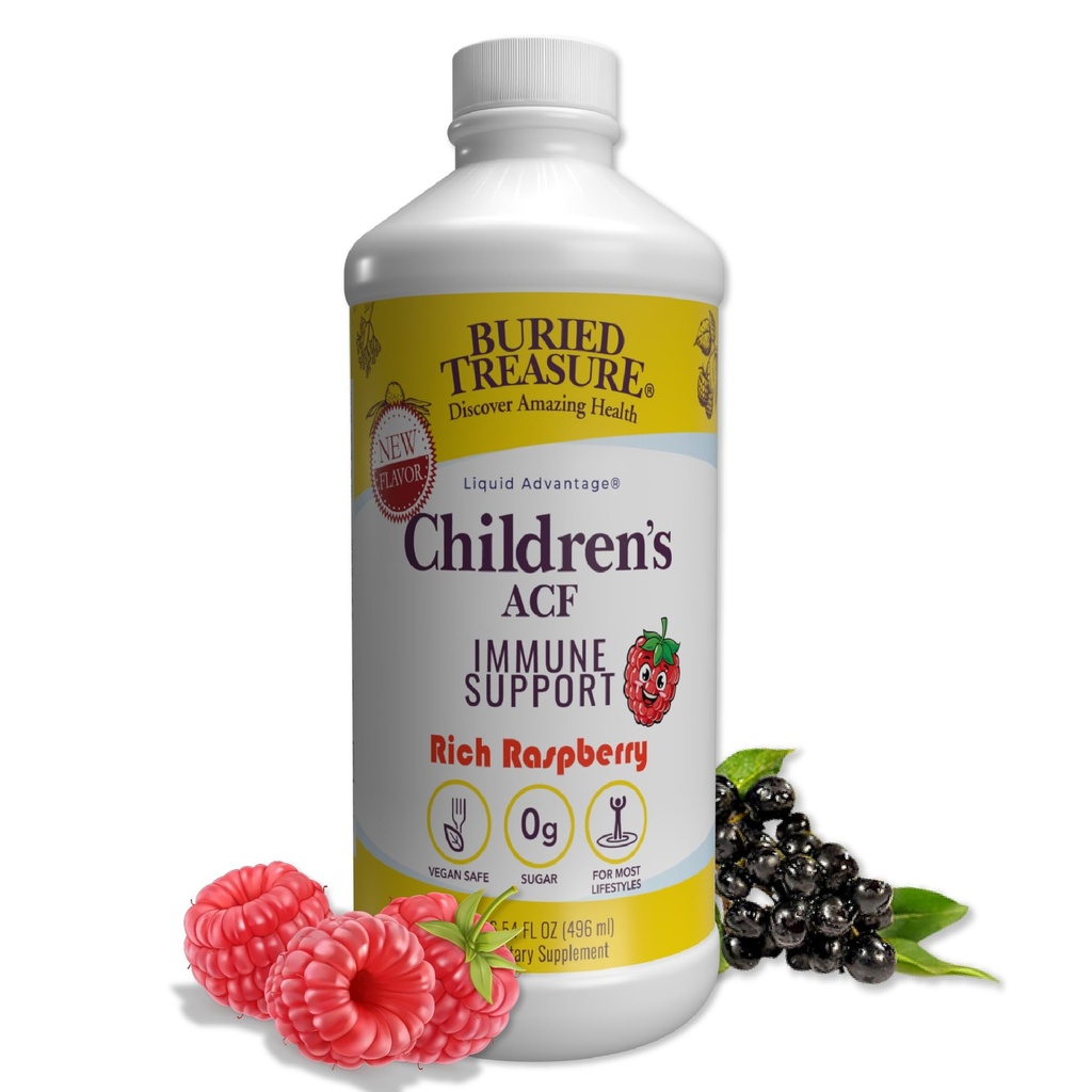 Buried Treasure Children’s ACF Liquid Immune Support for Kids – Elderberry, Echinacea & Botanicals – Raspberry Flavor – 16 oz – Sugar Free
