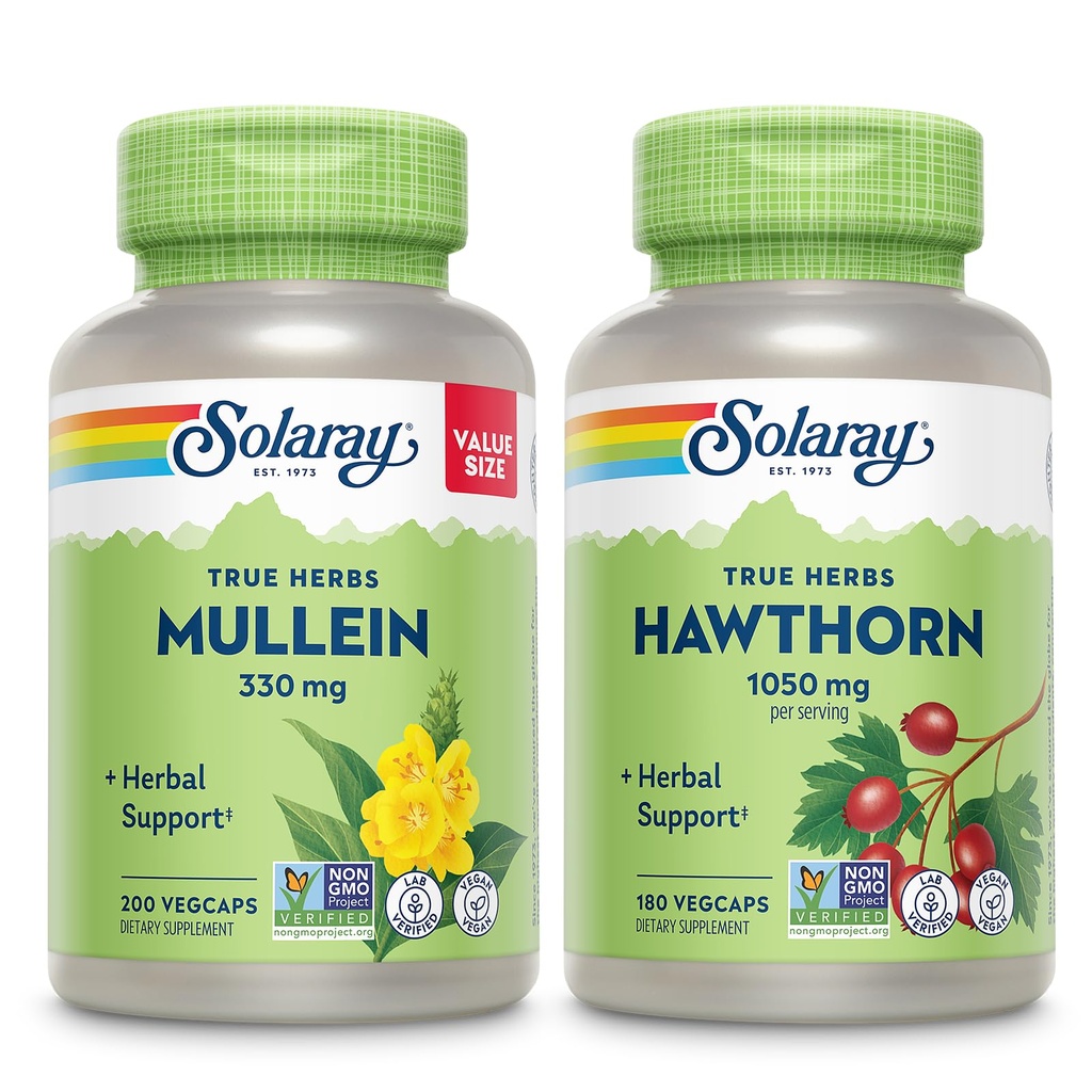 SOLARAY Mullein Leaf 330 mg και Hawthorn Berry Κάψουλες 1050 mg - Καταπραϋντικό βοτανικό πακέτο υποστήριξης για τη συνολική υγεία και ευεξία - Vegan, μη ΓΤΟ, 60 ημερών εγγύηση, εργαστήριο Επαληθευμένο, 200/180 VegCaps