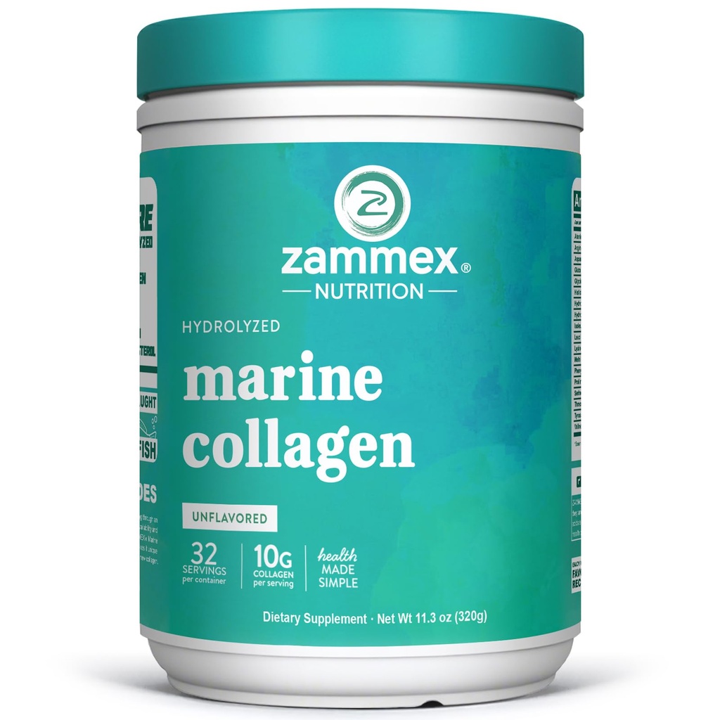 Zammex Marine Collagen Peptides Peptides Powder Unflaved, Wild-Caught Fish Collagen Powder, Υποστηρίζει υγιές δέρμα, μαλλιά, αρθρώσεις, Τύπος 1 & 3 Collagen συμπλήρωμα για τις γυναίκες - εύκολο να αναμίξετε. (32 Σερβίρει)