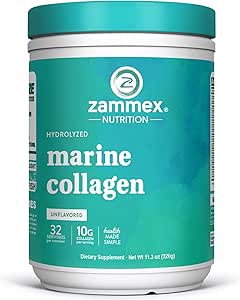 Zammex Marine Collagen Peptides Powder Unflavored, Wild-Caught Fish Collagen Powder, Supports Healthy Skin, Hair, Joints, Type 1 & 3 Collagen Supplement for Women - Easy to Mix. (32 Servings)