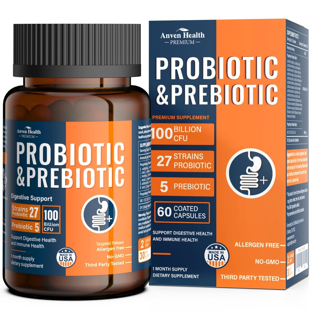 100 Billion Probiotics for Men and Women 27 Strains 5 Organic Prebiotics for Gut Digestive & Immune Health, Supports Diarrhea Gas Bloating, Non-GMO, Zero Fillers – Made in USA丨60 Caps