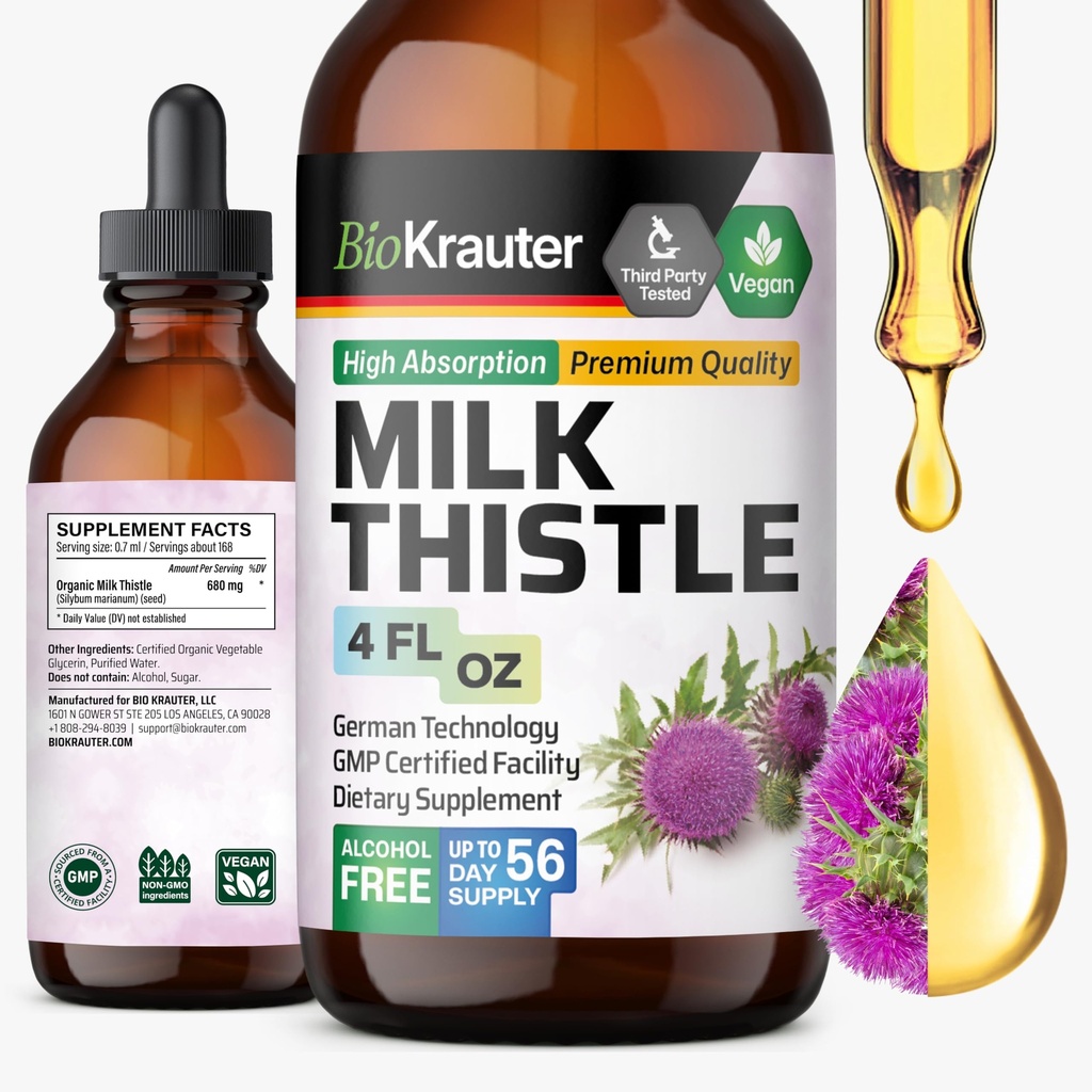 BIO KRAUTER® Γάλα Thittle συμπλήρωμα για την καθαριότητα του ήπατος & Detox - Υγρό Γάλα Thistle εκχύλισμα Сontains Silymarin για την υποστήριξη Digestive 4 Fl.Oz - Αλκοόλ & Ζάχαρη Δωρεάν, 56 ημέρες προσφοράς