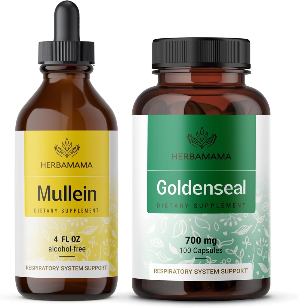 HERBAMAMA Mullein Leaf Extract and Goldenseal Capsules Kit - Bundle of Mullein Leaf Tincture 4 fl oz and 700 mg Goldenseal Root Capsules - Vegan, Non-GMO, Sugar & Alcohol-Free - 2 Pack