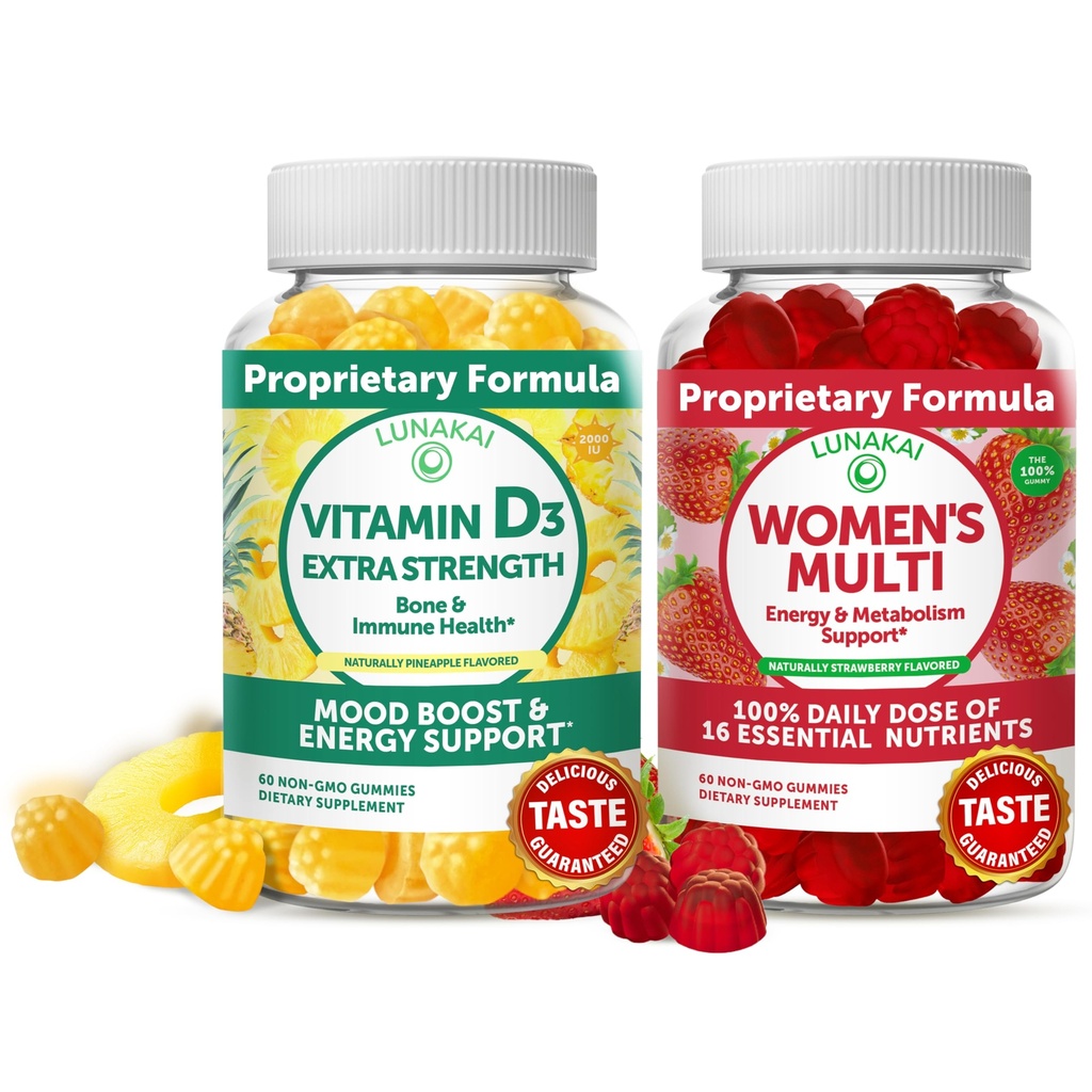 Lunakai Vitamin D3 Gummies and Women's Multivitamin Gummies Bundle - Συμπλήρωμα υποστήριξης ανοσίας, οστών και διάθεσης - 100% Ημερήσια Αξία 16 Ουσιαστικών Βιταμινών και Ορυκτών Υγιεινή Gummy - 30 Ημέρες Προσφορά
