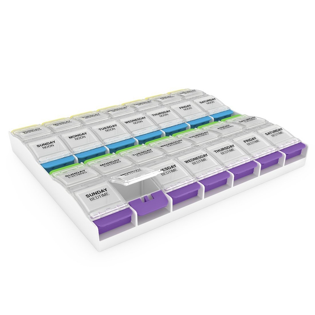 EZY DOSE Weekly (7-Day) Hill Organizer, Vitamin Container, and Daily Medicine Planner, 2X-Large Push Button Compartments, Αρθρίτιδα Φιλικό, εύκολο στη χρήση, 4 φορές την ημέρα, Clear Lids, BPA Δωρεάν
