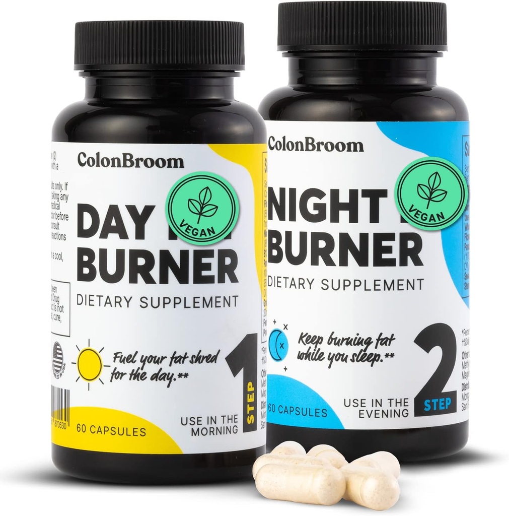 ColonBroom Day & Night Burner Συμπληρώματα, Χάπια για γυναίκες / άνδρες με Ινουλίνη, L-καρνιτίνη, Συνένζυμο Q 10, Grain of Paradise and More, Colon Broom 60 Vegan Κάψουλες ανά εμπορευματοκιβώτιο