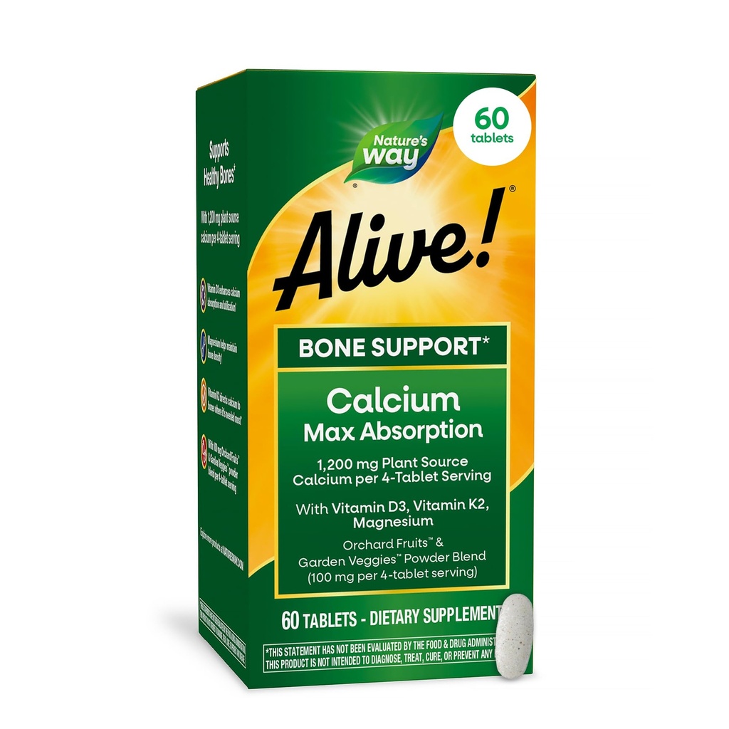 Nature’s Way Alive! Calcium Bone Support Tablets*, Max Absorption Calcium Supplement with Vitamins D3, K2, & Magnesium, Promotes Bone Health and Bone Density*, Gluten Free, 60 Tablets