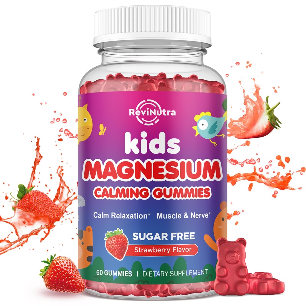 Magnesium Gummies for Kids - Μαγνήσιο Γλυκινικό Gummies με L-Θεανίνη, Χαμομήλι, Βιταμίνη Β6, D για Παιδιά & Ενήλικες Ύπνος, Άγχος, Μυική Ανακούφιση & Νεύρο Οστών - Ζάχαρη Χωρίς Φράουλα 60ct