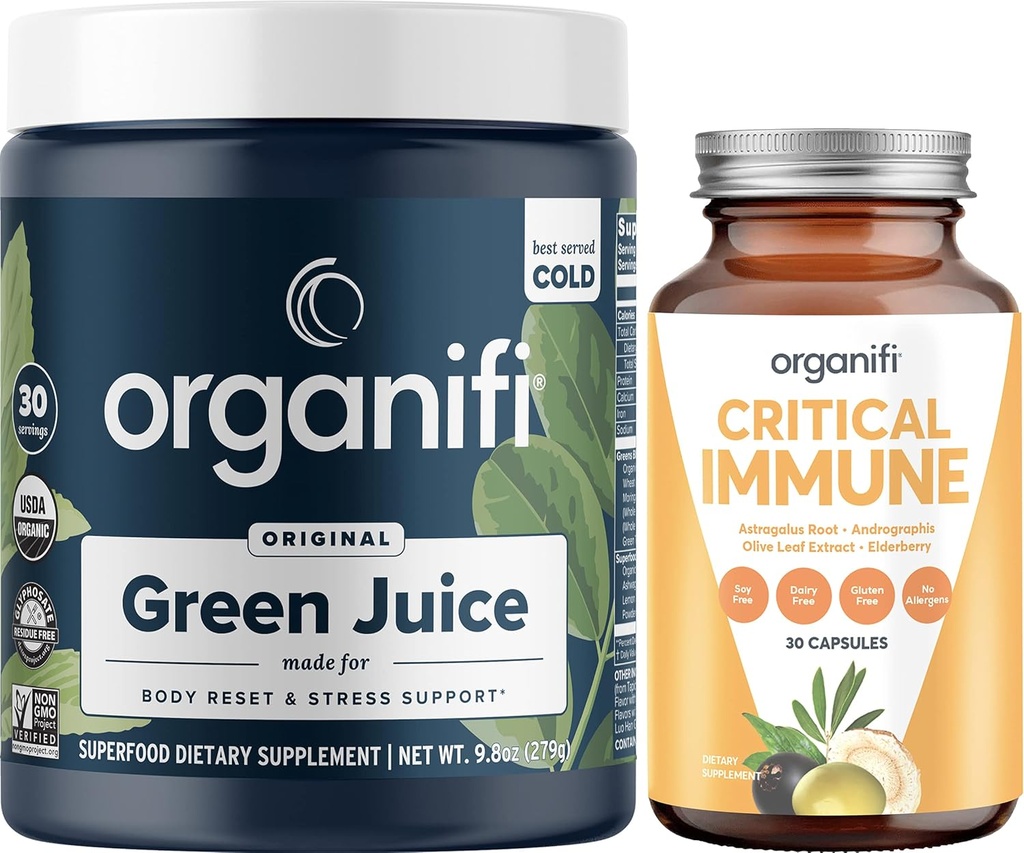 Organifi Green Juice Superfood Powder (30 μερίδες) και Critical Immune (30 κάψουλες) - Βιταμίνη C, έλεγχος βάρους, Detox Cleanse, Stress Relief και υποστήριξη ανοσίας - Χωρίς γλουτένη, Vegan, ολόκληρα τρόφιμα