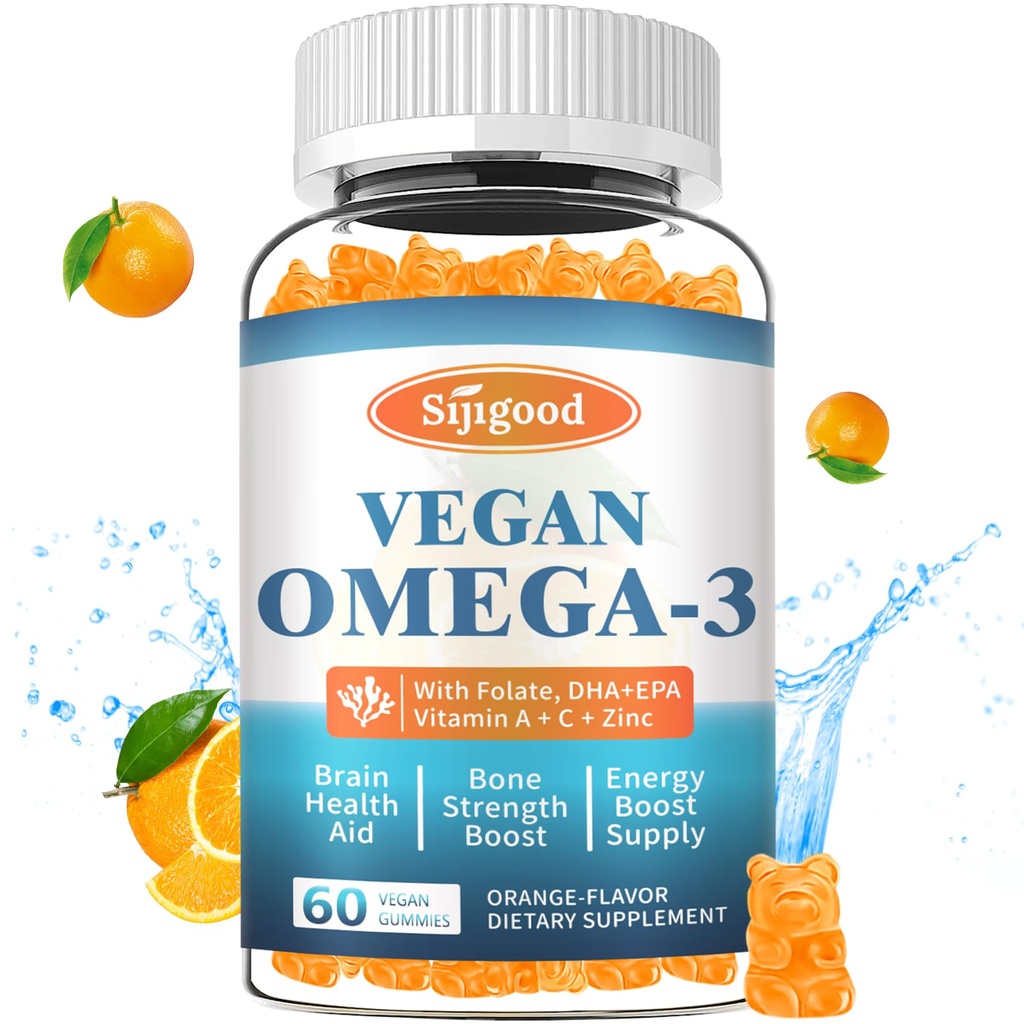 Ω-3 Gummies Poent Algae Omega Source, Boost Brain, Eye & Immune Function, με DHA και EPA Vegan & Sugar Free, Orange Flavor, 60 Count