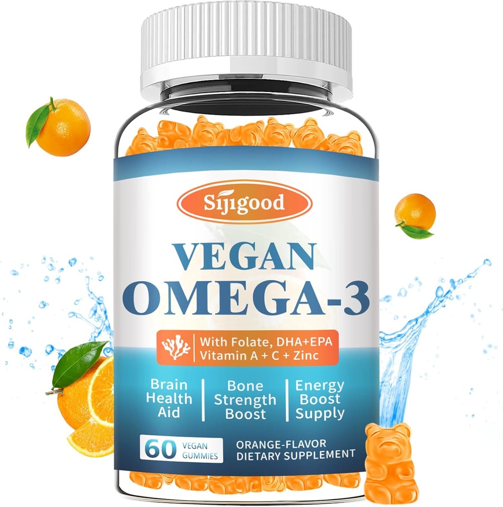 Ω-3 Gummies Poent Algae Omega Source, Boost Brain, Eye & Immune Function, με DHA και EPA Vegan & Sugar Free, Orange Flavor, 60 Count