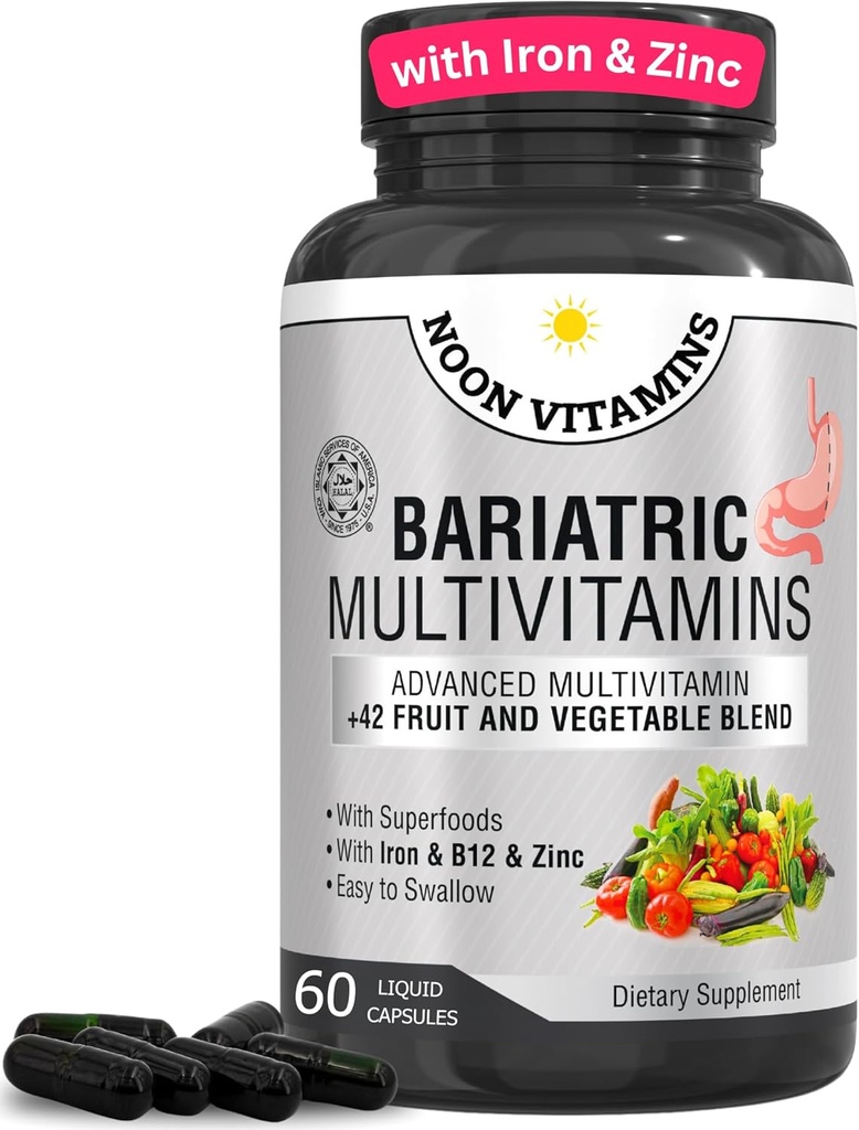 Bariatric Multivitamin with Iron for Women & Men - All-in-One 42 Superfood Blend for Energy & Immune Support - Μεταχειρουργική Ανάκτηση, Easy-to-Swallow, Hanal, Made in USA (60 Liquid Capsions)