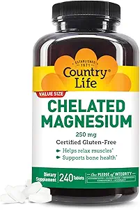 Country Life, Chelated Magnesium 250mg, Supports Bone and Immune Health, Daily Supplement, 240 ct