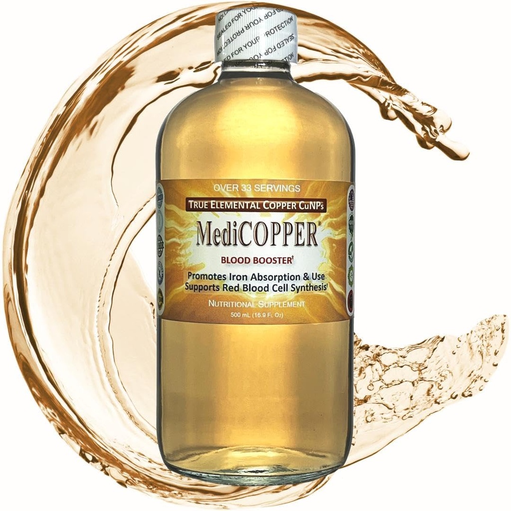 MediCOPPER Blood Booster True Colloyal CuNP Nutrient - 500 mL σε σαφές γυάλινο μπουκάλι