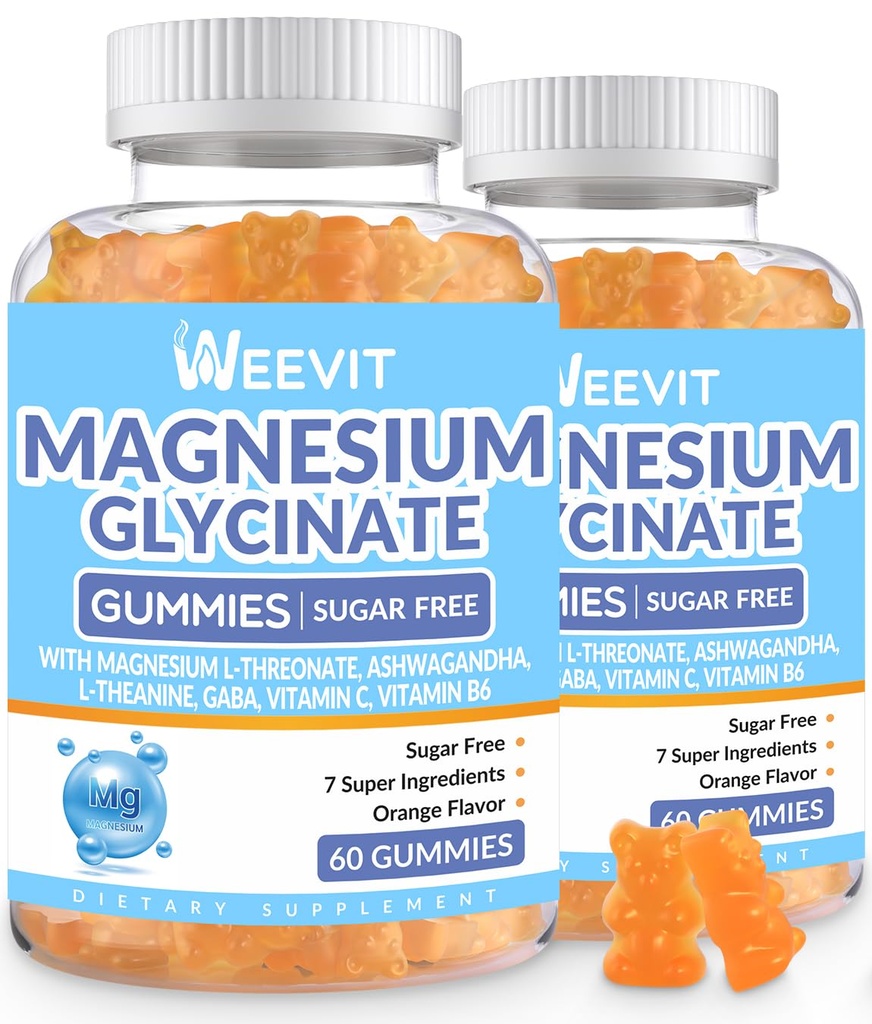 Γλυκινικό μαγνήσιο χωρίς ζάχαρη Glycinate Gummies με L-Θρεονικό, Συμπληρώματα Μαγνησίου για γυναίκες και άνδρες με Ashwagandha, L-Θεανίνη, GABA, Βιταμίνη C, B6