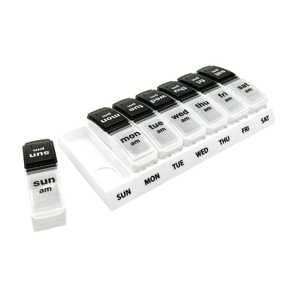 EZY DOSE Εβδομαδιαία (7-Ημέρα) Καθημερινή υπόθεση AM/PM Χάπια, Medicine Planner, Vitamin Organizer, Συμπληρωματικό Δοχείο, Μεγάλα διαμερίσματα Pop-Out, Σχεδιασμένο για Ταξίδι 2 φορές την ημέρα, Μαύρο και Λευκό Λιανάκια