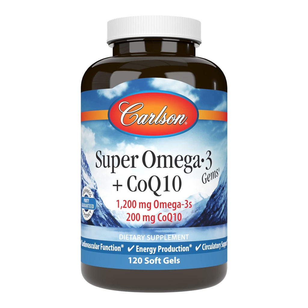 Carlson - Super Omega-3 Gems + CoQ10, 1200 mg Omega-3s 200 mg CoQ10, Λειτουργία Κυκλοφορίας, Ενεργειακή Παραγωγή & Υποστήριξη Κυκλοφορίας, 120 Softgels