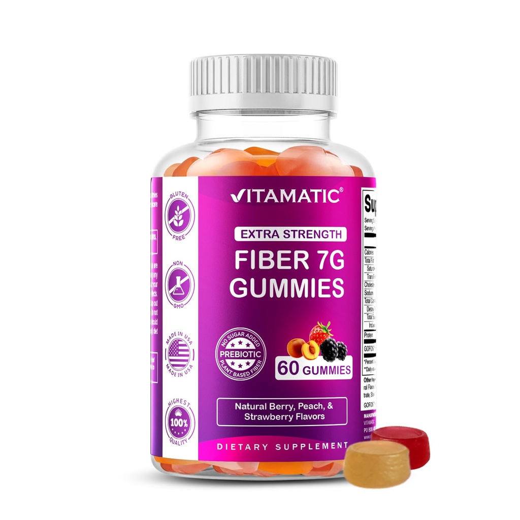 Vitamatic Prebiotic Fiber Gummies for Adults – 7g Fiber per Serving – 60 Pectin-based Gummies Extra Strength, Zero Sugar Added – Υποστήριξη Digestive Health & Regularity – Μη ΓΤΟ, Vegan, Gluten-free