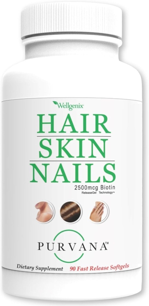 Wellgenix Purvana Μαλλιά, δέρμα, και νύχια - One a Day Softgel - 2500mcg Βιοτίνη, DMAE, MSM, Horsetail, εκχύλισμα σπόρων σταφυλιού - Anti γήρανση, PSOS & επιλόχεια ανάπτυξη μαλλιών, Ισχυρά νύχια (90 κόμης)