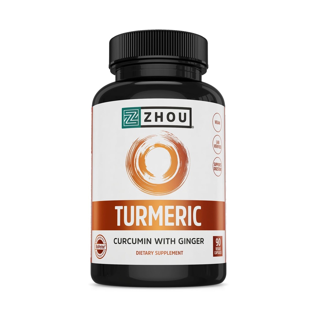 Zhou Turmeric Curcumin with Ginger - Turmeric and Ginger Supplement for Women and Men, Curcuminoids with Black Pepper Extract for Digestion and Digestive Health - 90 Veggie Capsules